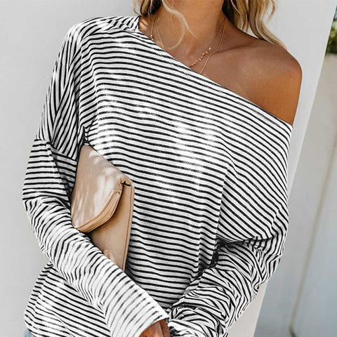 One Shoudler T Shirt Fashion Loose Striped Batwing Sleeve T-shirt Asymmetrical Cut Women's Personality Tops Tee