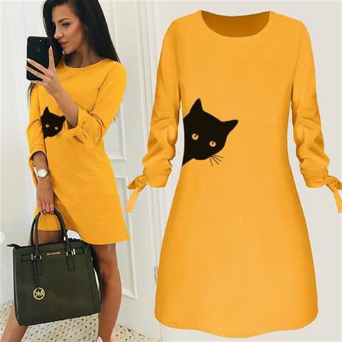 Cat Letters Print Dress Round Neck Solid Color Dress Summer Women Beach Dresses Flamingo Boho